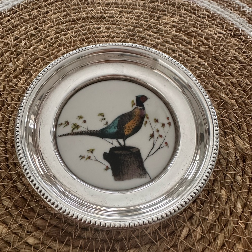 Vintage Frank M. Whiting Sterling Silver & China Pheasant Coaster